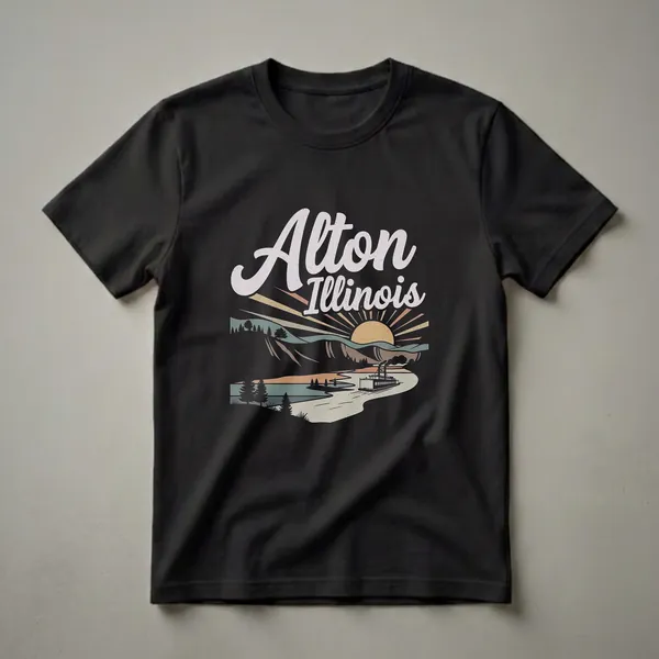 Black t-shirt with a retro graphic design featuring the words 'Alton Illinois' above a sunset landscape with a steamboat on a river.