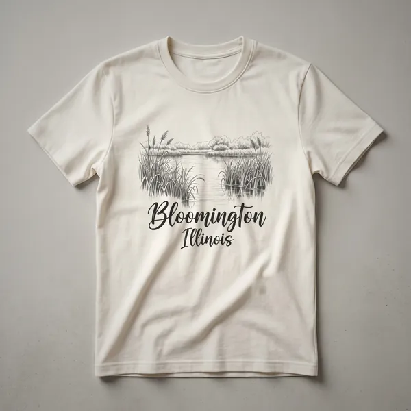 Black sketch art t-shirt featuring a landscape scene with reeds, water, and a treeline, with 'Bloomington Illinois' written in script below.