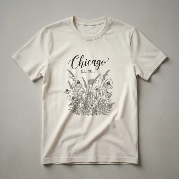 Black t-shirt with a line art sketch of Chicago, Illinois, featuring wildflowers, grasses, and ferns.