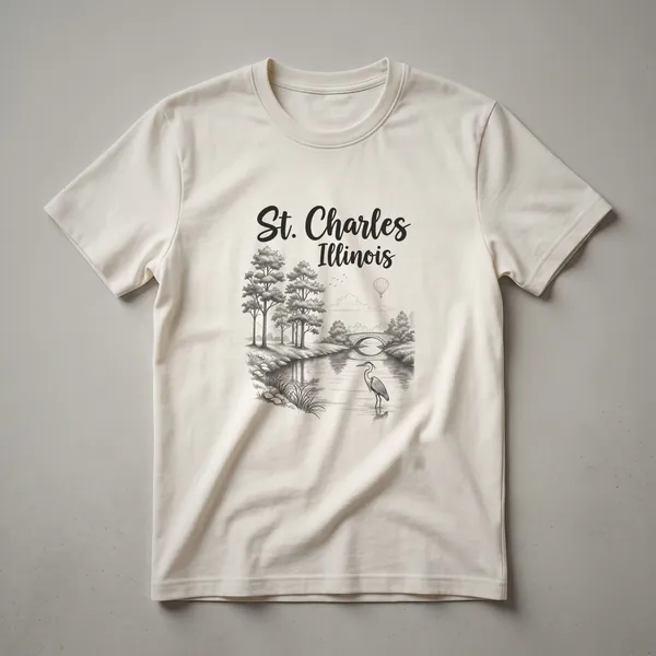 Black graphic t-shirt featuring a sketch art design of St. Charles, Illinois, with trees, a bridge, a heron, and a hot air balloon.