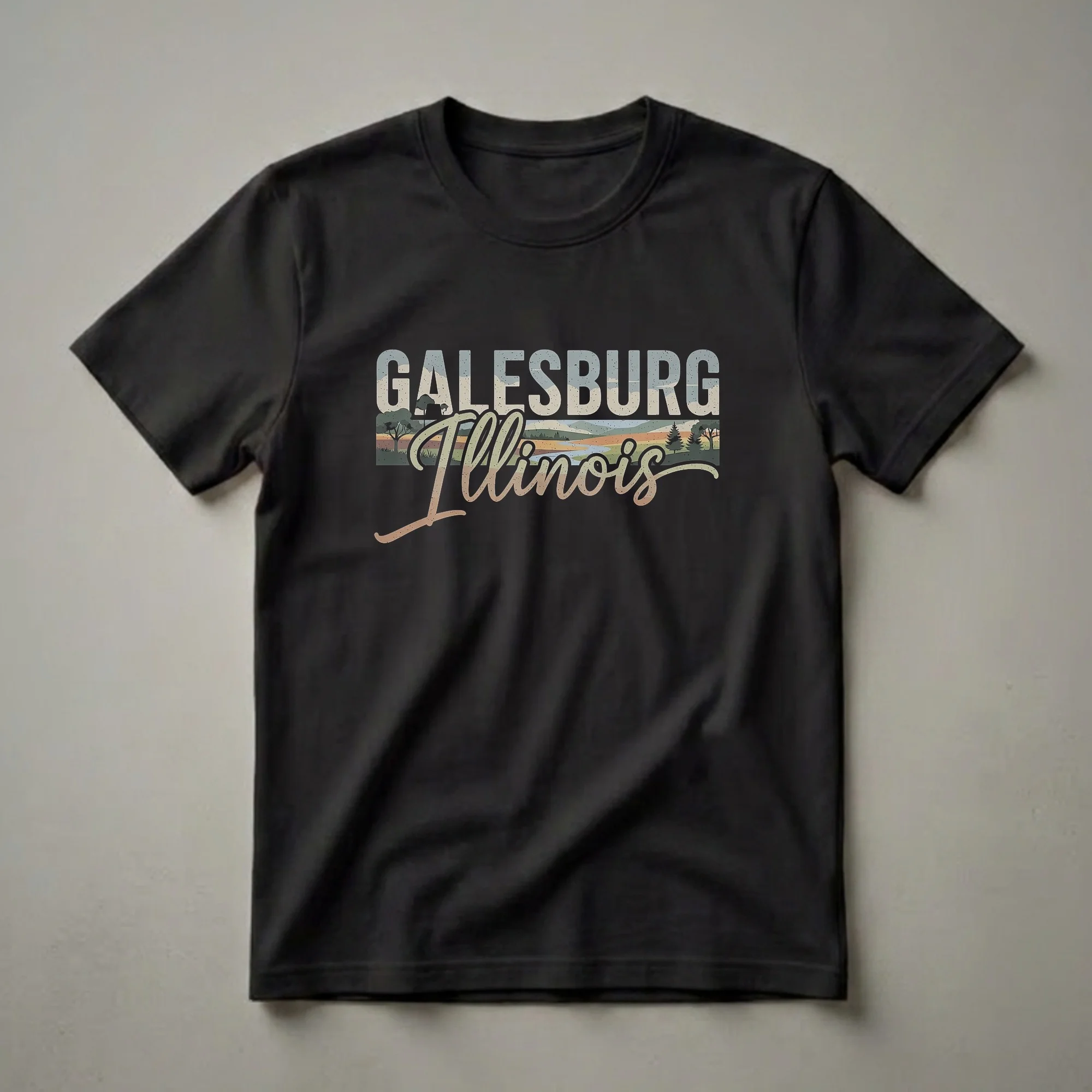 Black t-shirt featuring a retro graphic with the words 'GALESBURG' in distressed block letters and 'Illinois' in a script font, overlaid on a stylized landscape with trees, hills, and a river.