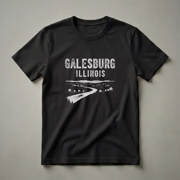 Black t-shirt with vintage white graphic of 'GALESBURG ILLINOIS' text above a landscape with a winding river, a boat, and rolling hills with trees.