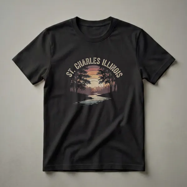 Black t-shirt with a retro graphic of St. Charles, Illinois, featuring a sunset over a river with silhouetted trees and foliage.