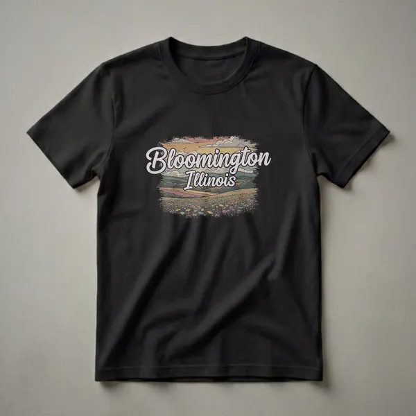 A black graphic t-shirt featuring the text "Bloomington Illinois" in a retro font over a stylized landscape of rolling hills, a field of wildflowers, and a cloudy sky.