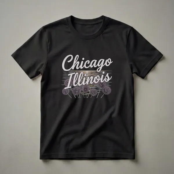 Black t-shirt with "Chicago Illinois" in retro script font over a sunset graphic, with a field of purple allium flowers below.
