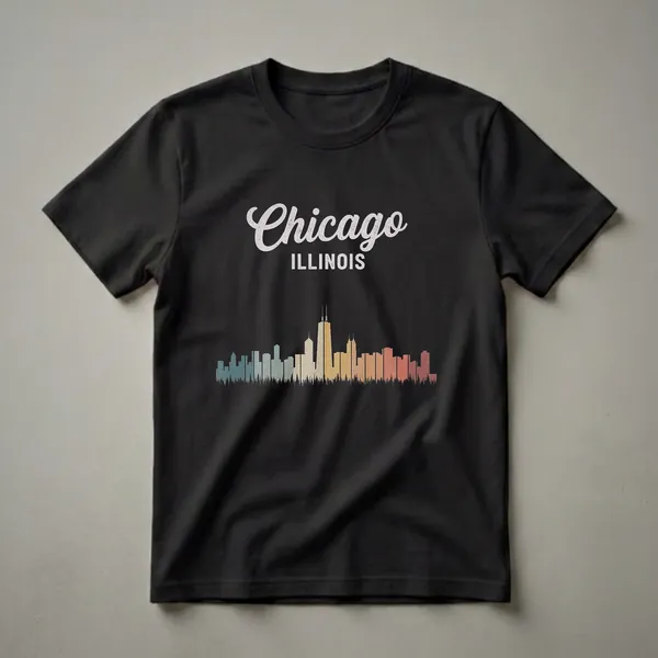 Black t-shirt featuring a retro Chicago Illinois skyline graphic with a vintage color palette and distressed text.