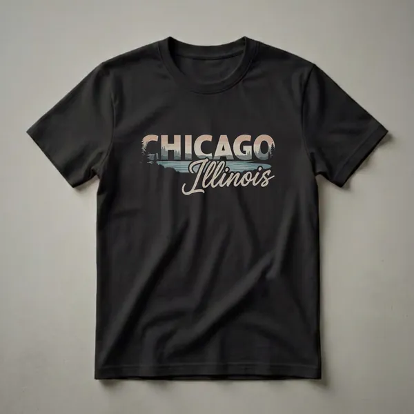 Black t-shirt with retro graphic art that says CHICAGO Illinois, featuring a landscape with trees and water.