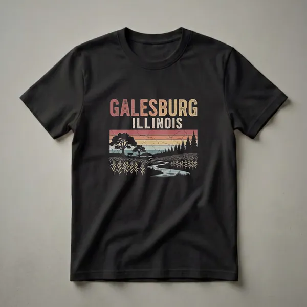 Black t-shirt with a retro graphic design featuring the words GALESBURG ILLINOIS above a landscape scene with a winding river, cornfields, trees, and a silhouetted animal, set against a vintage sunset.