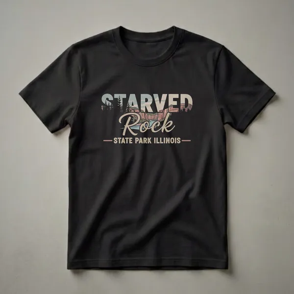 Black t-shirt featuring a retro graphic design for Starved Rock State Park, Illinois, with distressed text and a landscape illustration of canyons, a river, and pine trees.