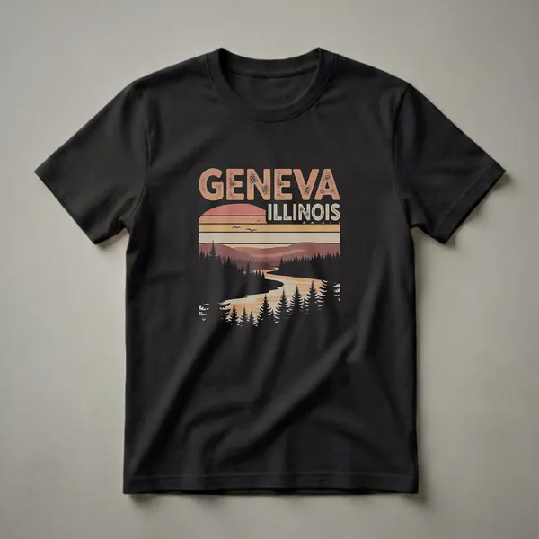 Black t-shirt with a retro graphic design featuring the words GENEVA ILLINOIS above a sunset, river, and pine forest.