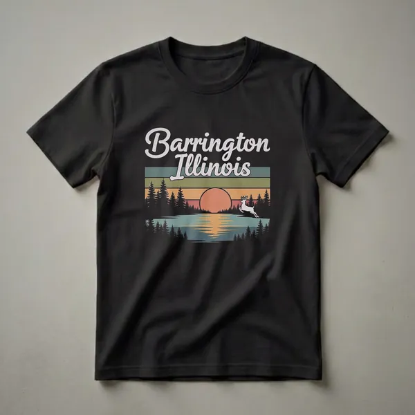 Black t-shirt with a retro graphic design of 'Barrington Illinois' over a sunset lake scene with pine trees and a leaping deer.