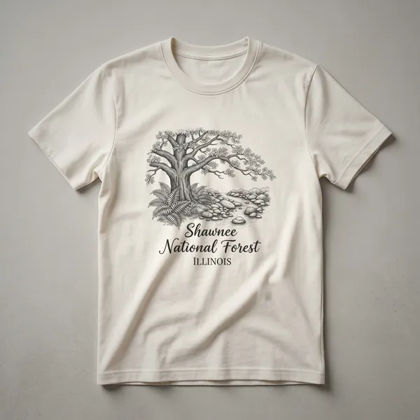 Black graphic t-shirt featuring a line art sketch of a large oak tree with ferns and a rocky stream, with the text 'Shawnee National Forest ILLINOIS' below.