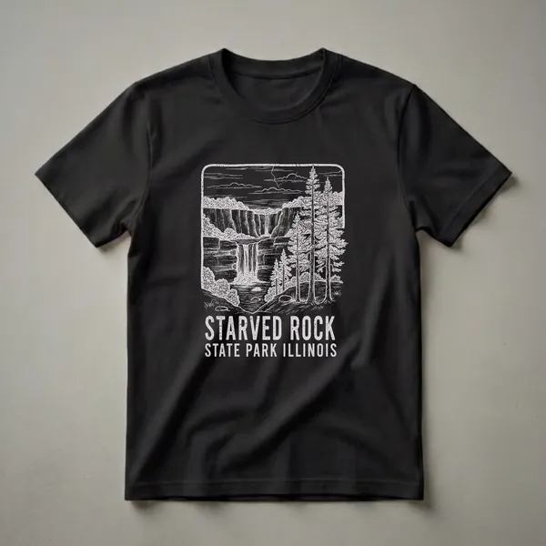 Black t-shirt with a white graphic of Starved Rock State Park, Illinois, showing a waterfall, cliffs, pine trees, and text.