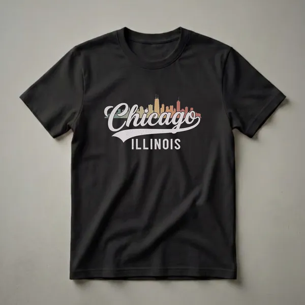 Black t-shirt with a retro graphic of the Chicago skyline in muted colors, with 'Chicago' in script font above 'ILLINOIS' in block letters.