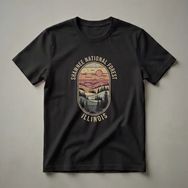 Black t-shirt with a retro oval graphic depicting the Shawnee National Forest in Illinois, featuring rolling hills, pine trees, and a sunset with a distressed texture.