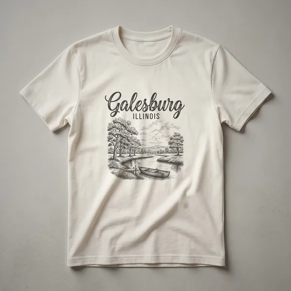 Black graphic t-shirt featuring a sketch art design of Galesburg, Illinois, showing a lake with a rowboat, trees, and distant hills.