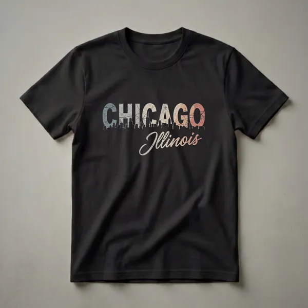 Black graphic t-shirt with the word CHICAGO in large, distressed, multi-colored block letters, featuring a black skyline silhouette within the letters, and the word Illinois in a cursive font below.