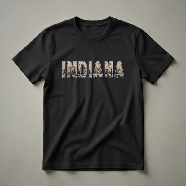 A black t-shirt featuring the word INDIANA in large block letters, with each letter filled with a retro-style landscape scene of mountains, pine trees, a lake, and a cabin.