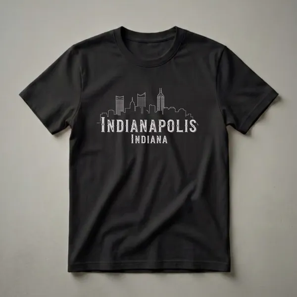 Black t-shirt with a white line drawing of the Indianapolis skyline above distressed text reading 'INDIANAPOLIS INDIANA'.