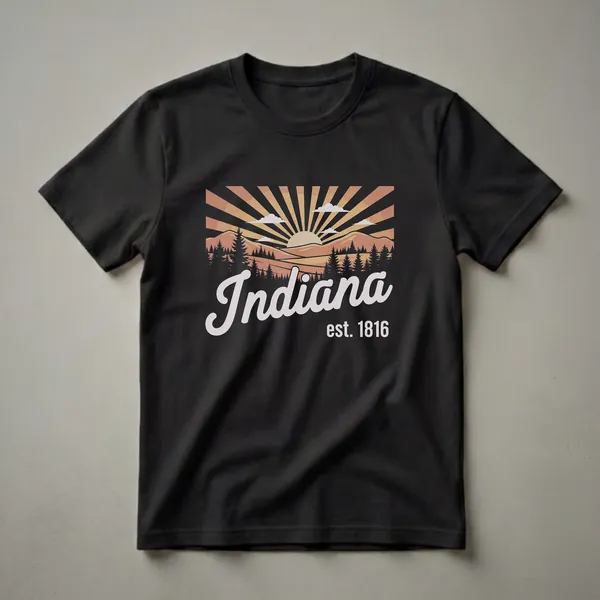 Black t-shirt featuring a retro Indiana est 1816 design with a sunburst, mountains, pine trees, and the word Indiana in a script font.