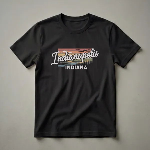 Black graphic t-shirt with a retro Indianapolis Indiana sunset landscape design, featuring script and block lettering.