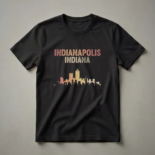 Black t-shirt featuring a retro drawing of the Indianapolis, Indiana skyline in warm, muted colors, with the city name above in a distressed font.