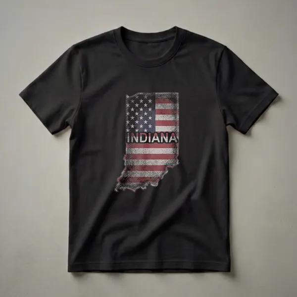 Black t-shirt with a distressed American flag design in the shape of Indiana, featuring the word INDIANA in white letters.