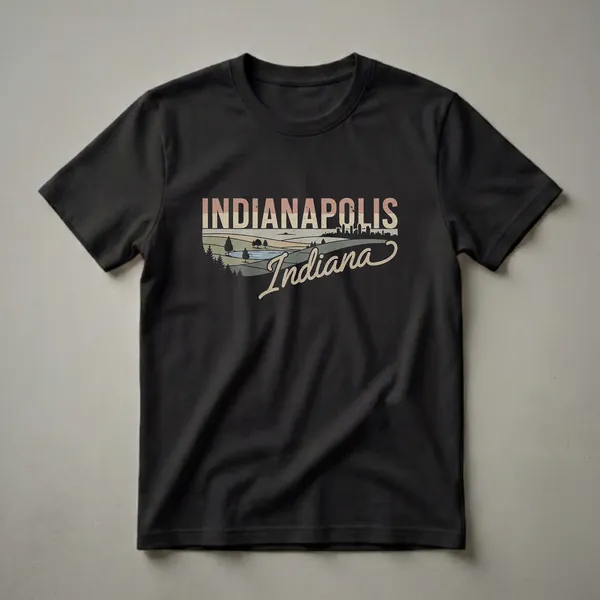 Black t-shirt featuring a retro graphic design of the Indianapolis skyline with a scenic landscape and the words "Indianapolis Indiana" in vintage lettering.