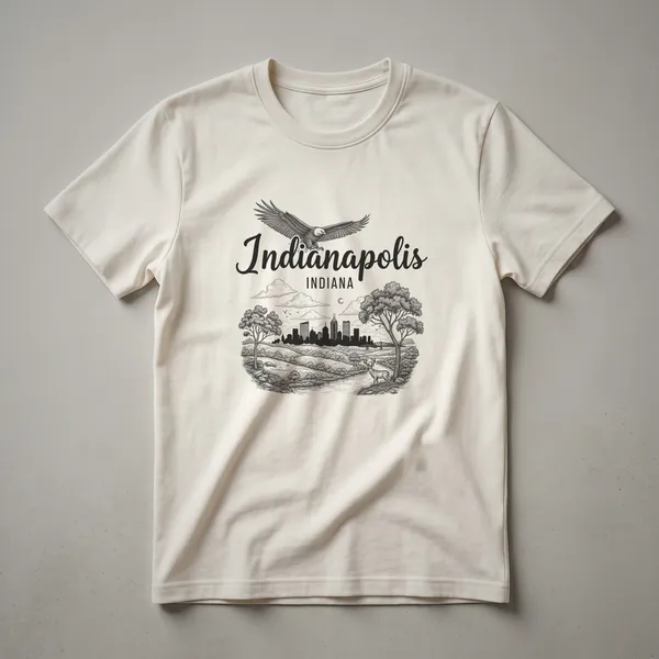 Black and white sketch art t-shirt featuring the Indianapolis skyline, an eagle in flight, and a deer in a natural landscape.
