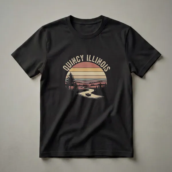 Black t-shirt with a retro Quincy, Illinois graphic featuring a winding river, a boat, pine trees, rolling hills, and a striped sunset.