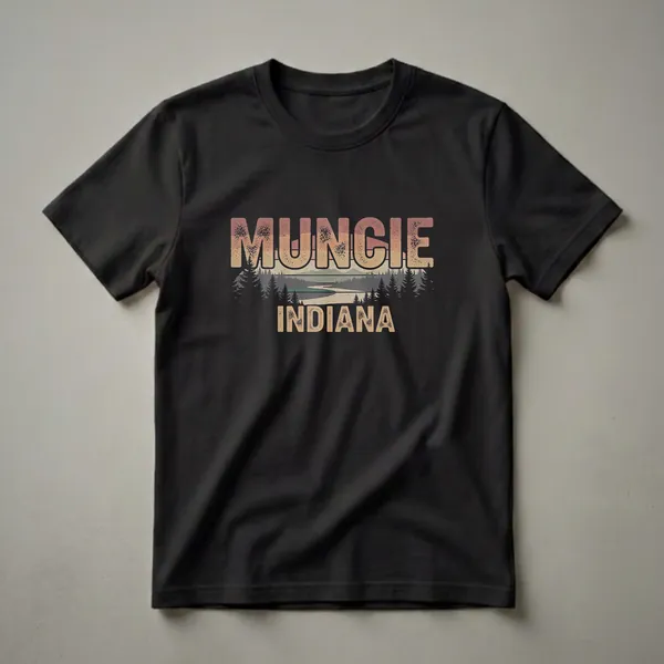 Black t-shirt featuring the words MUNCIE INDIANA in a retro, distressed font, with a vintage landscape of trees, water, and mountains in between.