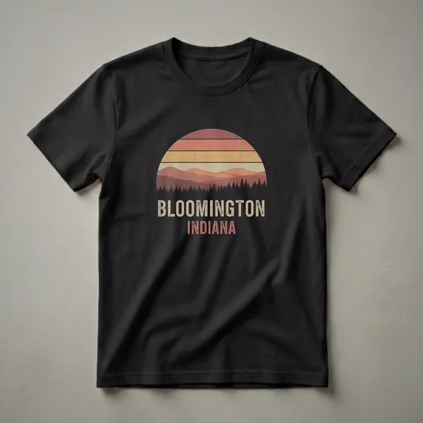 Black t-shirt with a retro graphic featuring a sunset with layered mountains and pine trees, and the text 'BLOOMINGTON INDIANA' in distressed vintage font.