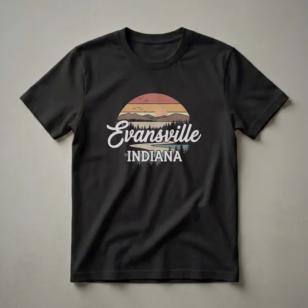 Black t-shirt with a retro sunset graphic featuring the words Evansville Indiana, mountains, pine trees, and a river.