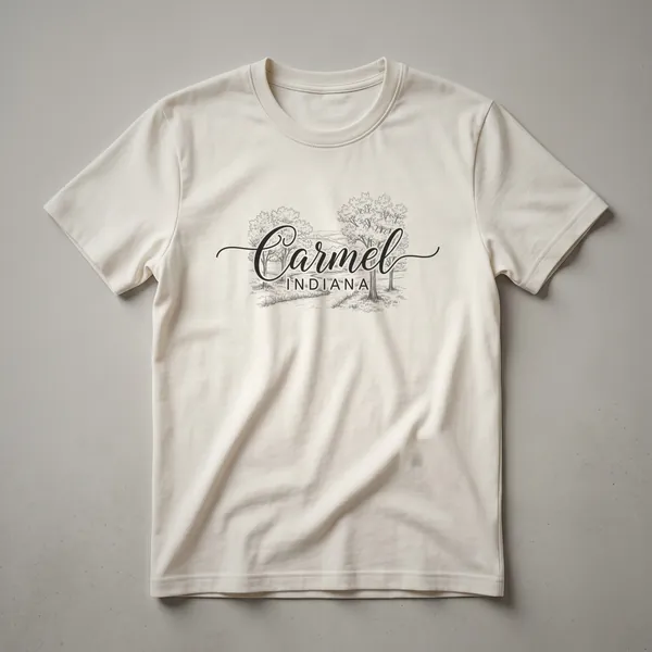 A black graphic t-shirt featuring a sketch art design of 'Carmel INDIANA' with trees and rolling hills in the background.