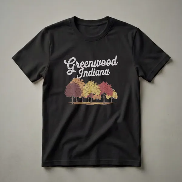 Black t-shirt with 'Greenwood Indiana' in distressed white script above a row of trees with red, yellow, and orange autumn leaves, also with a distressed texture.