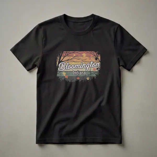 Retro graphic t-shirt featuring the words 'Bloomington Indiana' in a script font against a vintage sunset background with silhouetted trees and falling autumn leaves.