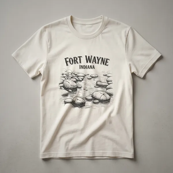 Black graphic t-shirt featuring a sketch art design of river stones in water with 'FORT WAYNE INDIANA' text above.