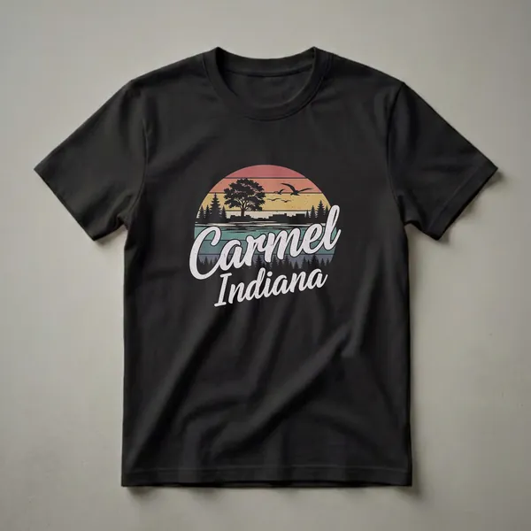 Black t-shirt with a retro graphic depicting a sunset over Carmel, Indiana, featuring trees, a cityscape, and the words 'Carmel Indiana'.