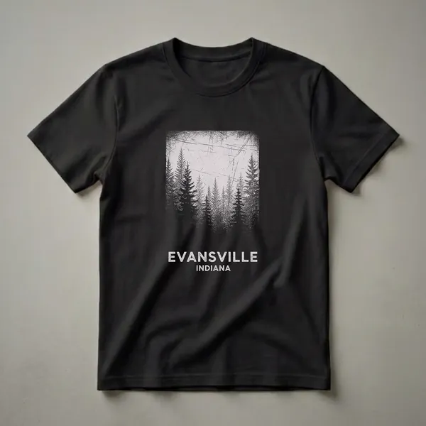 Black graphic t-shirt with a vintage drawing of a pine forest and the text EVANSVILLE INDIANA in distressed white font.