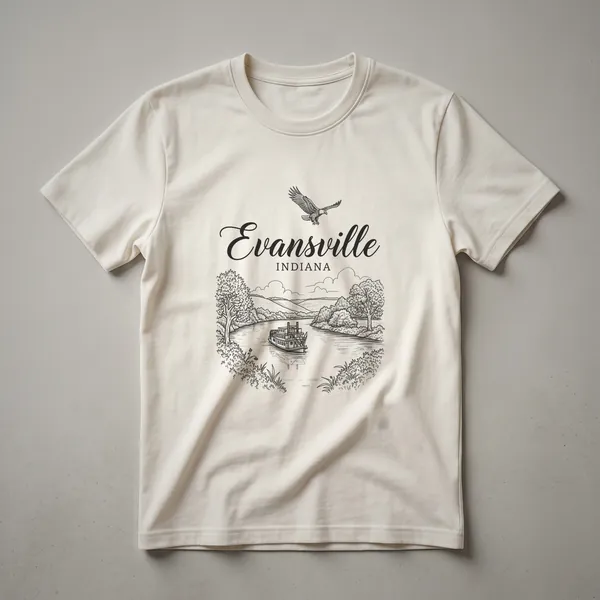 Black sketch art t-shirt featuring the word 'Evansville' above 'INDIANA', with a paddlewheel boat on a river, trees, hills, and an eagle.