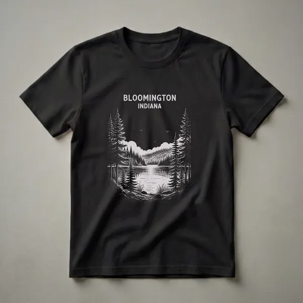 Black t-shirt with a vintage-style linocut illustration of a lake surrounded by pine trees under a starry night sky, with "BLOOMINGTON INDIANA" text at the top.