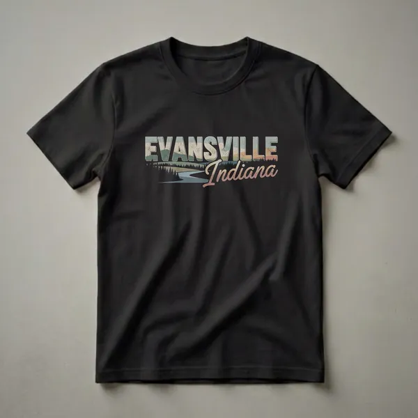 Black t-shirt with a retro graphic design featuring the words EVANSVILLE Indiana, a winding river, pine trees, and rolling hills in muted colors.