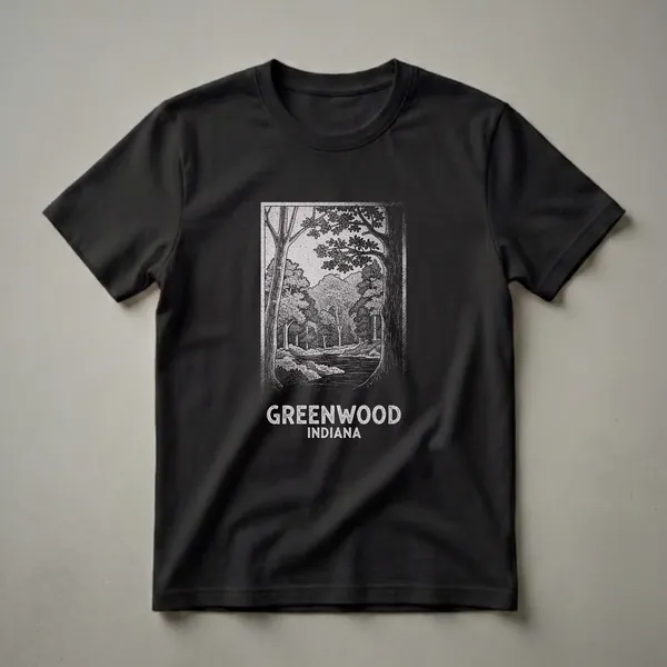 Black and white vintage graphic t-shirt featuring a forest scene with a river and the words Greenwood Indiana.