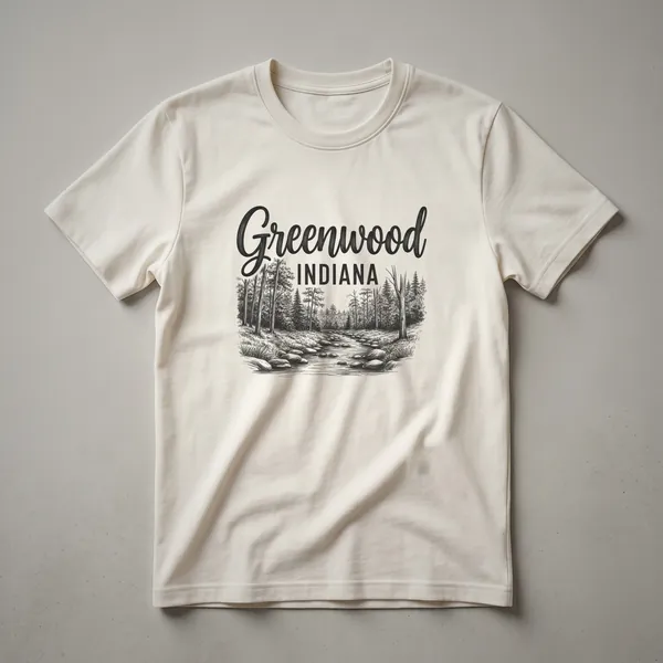 A black t-shirt featuring a sketch art design of "Greenwood INDIANA" above a forest scene with a winding path and river.