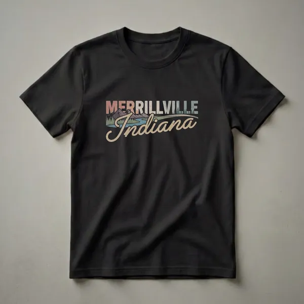 Black t-shirt with retro Merrillville Indiana graphic featuring mountains, a river, pine trees, and a sunset.