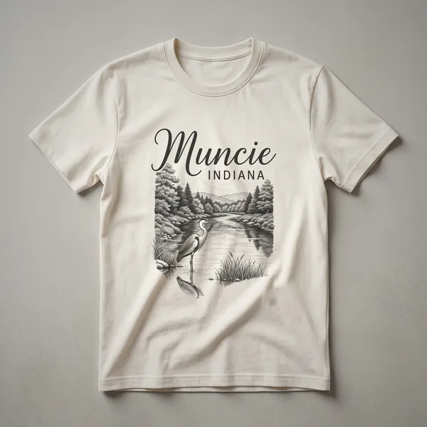 Black graphic t-shirt with a sketch design of 'Muncie Indiana' above a landscape featuring a heron, river, trees, and reeds.