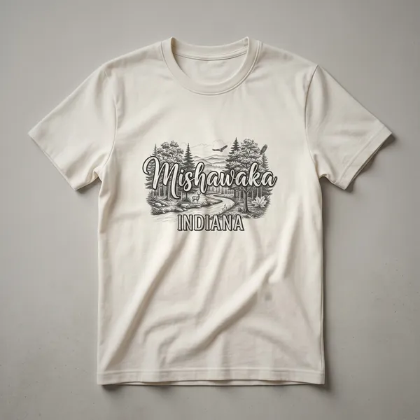 Black graphic t-shirt featuring a sketch art design of Mishawaka, Indiana, with a forest landscape, a deer, and birds.