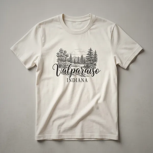 A sketch art t-shirt design featuring the words 'Valparaiso INDIANA' surrounded by a detailed landscape of trees and hills.
