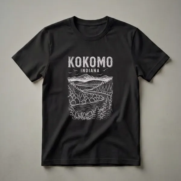 Black t-shirt with a vintage line drawing featuring the words KOKOMO INDIANA above a winding road through a forest with mountains in the background and birds in the sky.