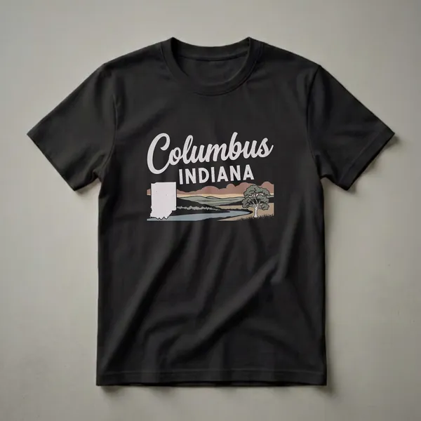 Black t-shirt featuring a retro graphic design of Columbus, Indiana, with the state outline, rolling hills, a river, and a tree.
